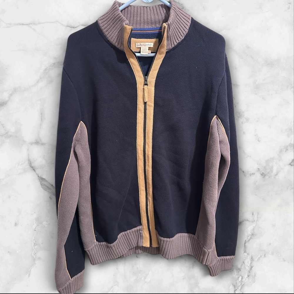 Carbon 2 Cobalt Men's Navy Full Zip Knit Sweater Mock Neck Size Large